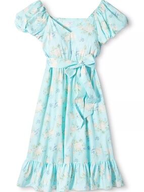 LoveShackFancy Pastel Floral V-Neck Dress in Light Aqua and Peach